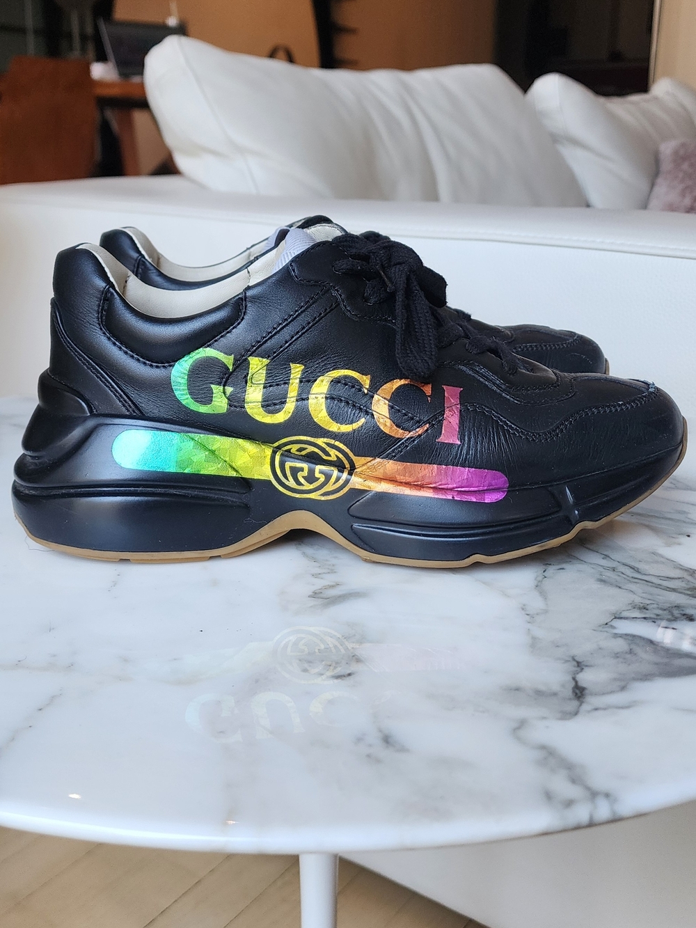 Gucci Rhyton Women's Black Leather Sneakers with Rainbow Logo Graphic Size 7.5 - Picture 2 of 13